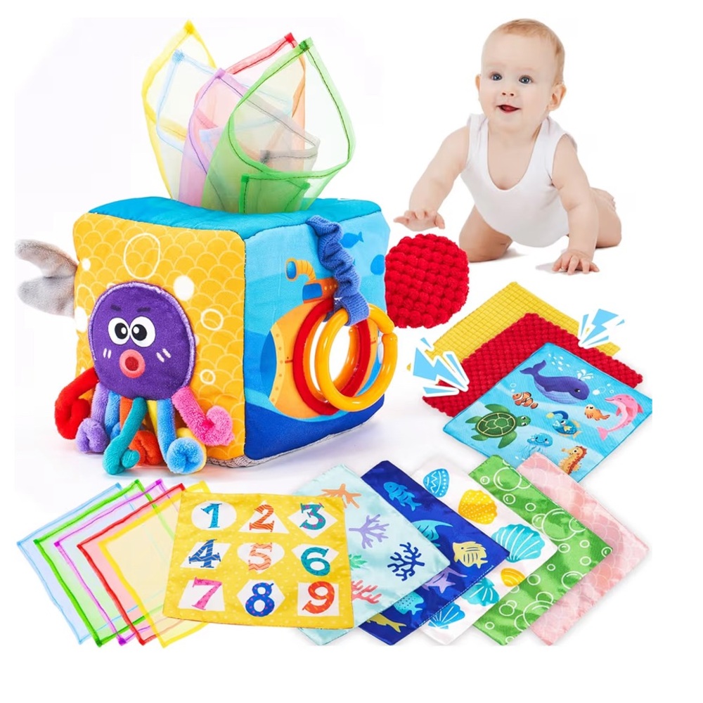 hahaland Baby Tissue Box with textured tails, crinkle tissues, squeaky, mirror